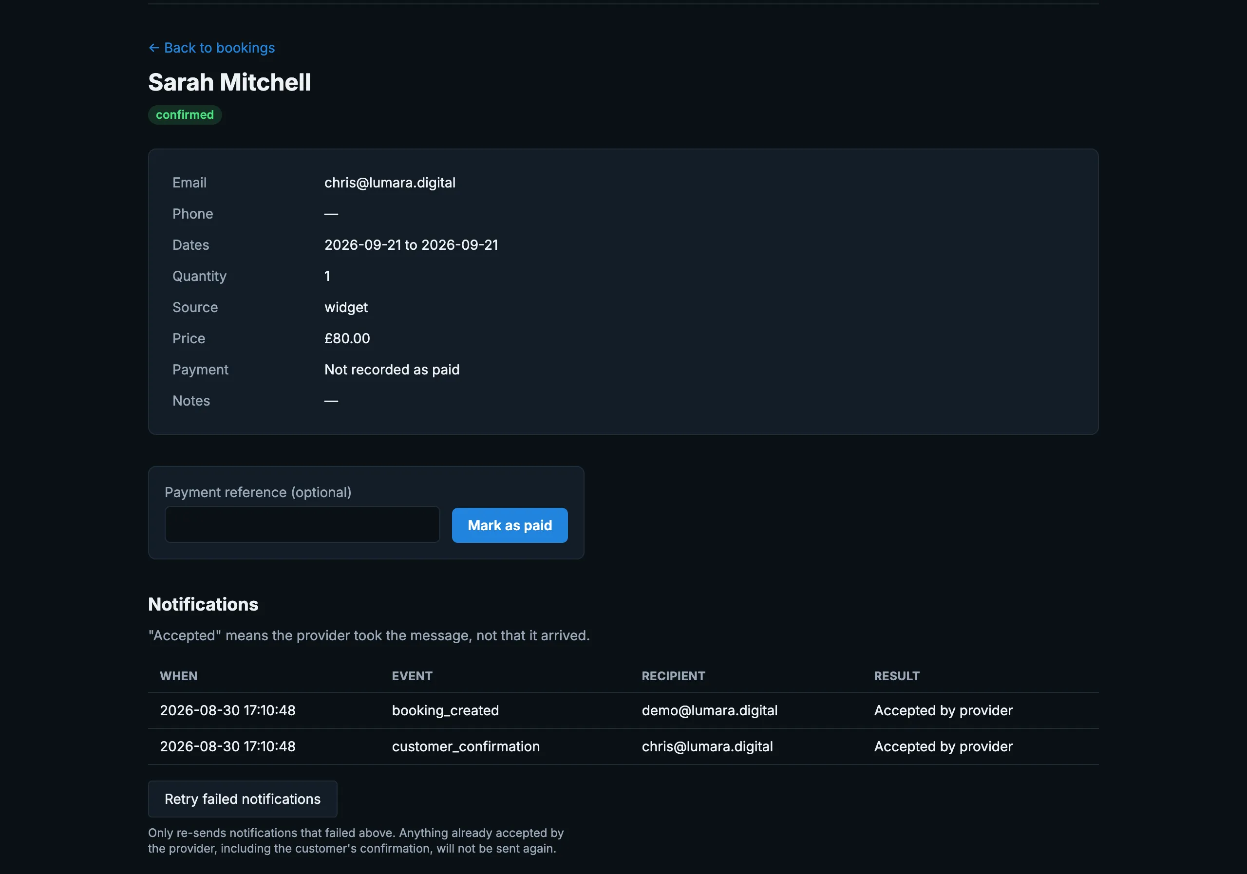 Booking detail screen with customer details and a mark as paid button
