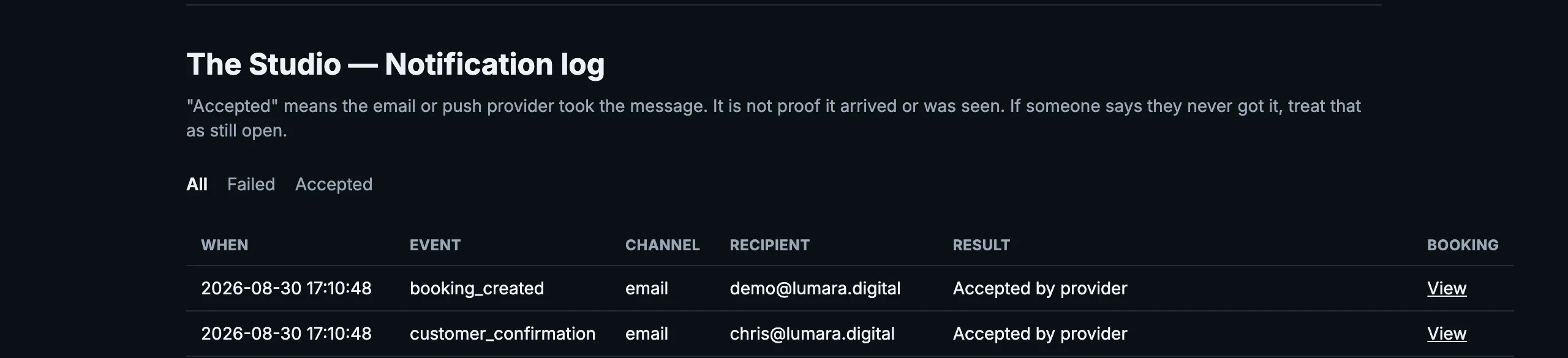 Notification log showing two accepted notification records for a booking